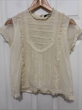 Love Sam Cream Lace-Trim Sheer Top